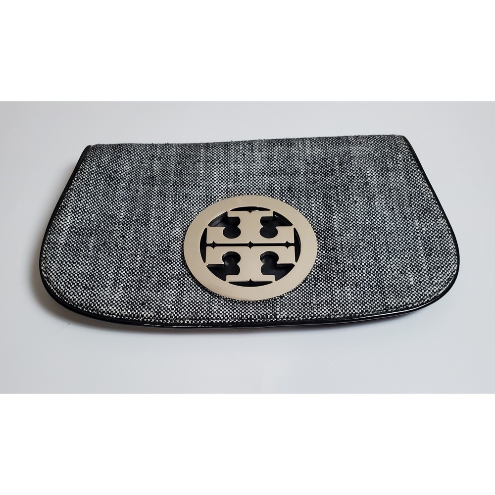 Tory Burch Black White Tweed Reva Clutch Leather Interior Oversized Logo Luxury